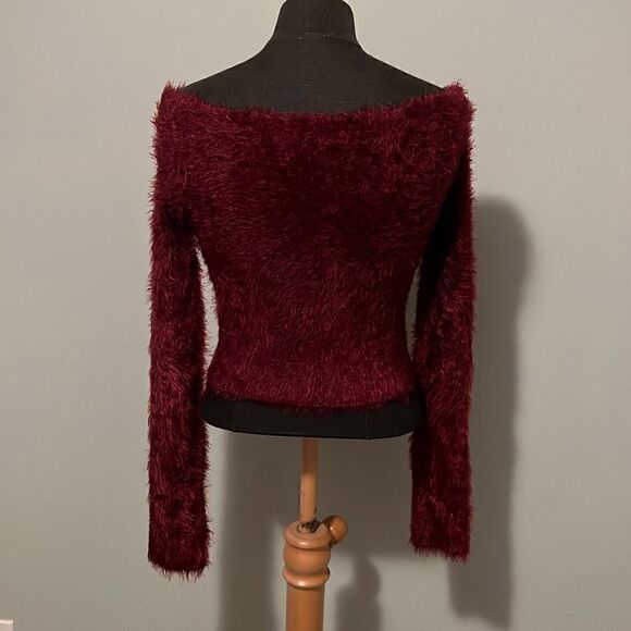 Active USA Women's Maroon Eyelash Knit Boat Neck Crop Sweater - Picture 3 of 7